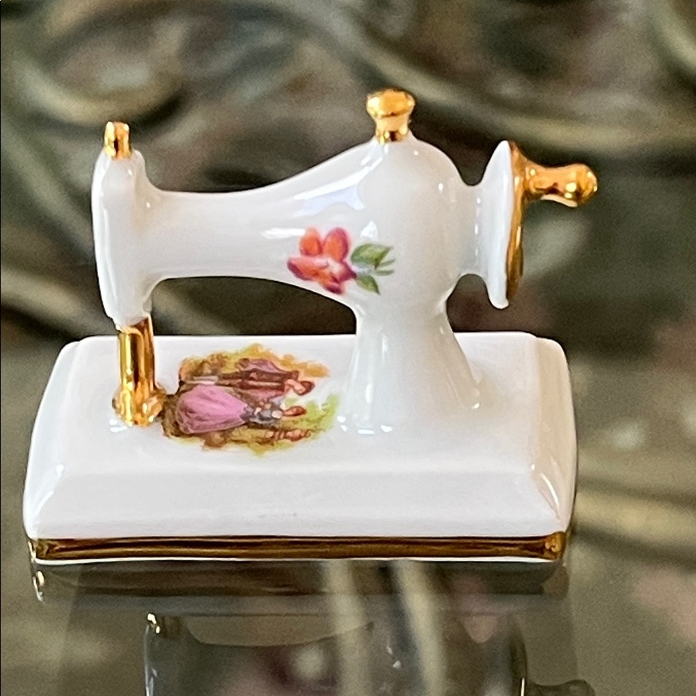 Limoges White and Gold Sewing Machine with Pink Accents